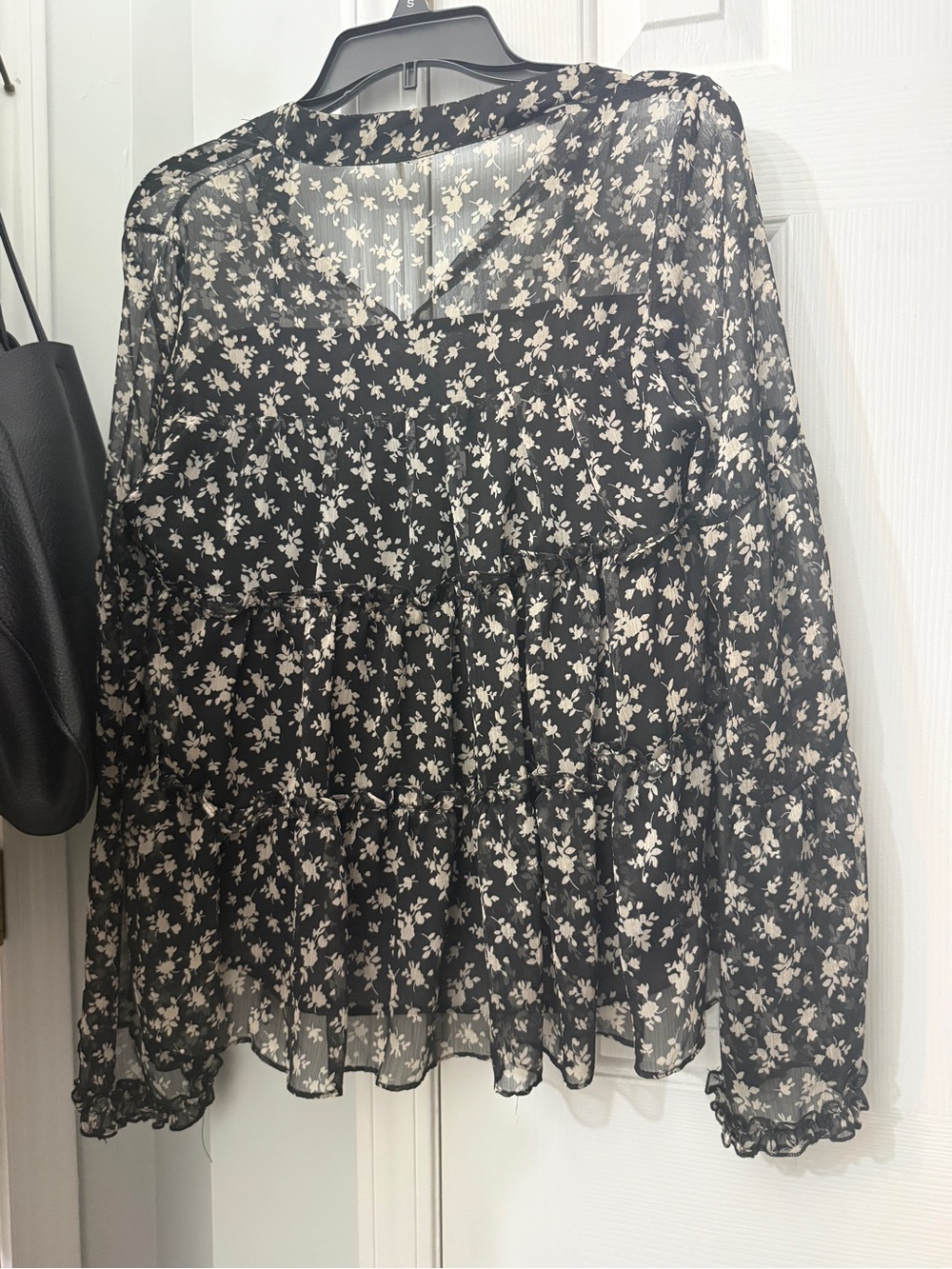 Black Floral Sheer Long-Sleeve Peplum Top